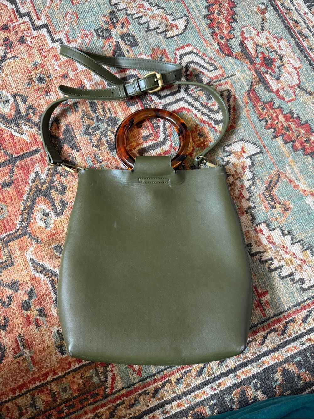Anthropologie Olive Green Faux Leather Shoulder Bag with Tortoiseshell Ring